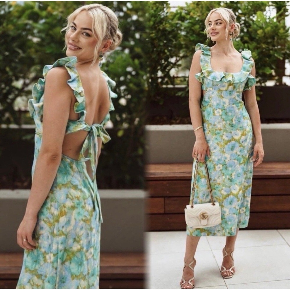 SOLD OUT Zimmermann Green and Blue Floral Ruffle Midi Dress Size 3 - Picture 2 of 13